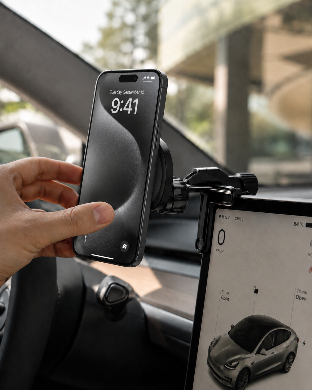 Soporte magnético giratorio 360° para celular en carro (compatible con Tesla y MagSafe)