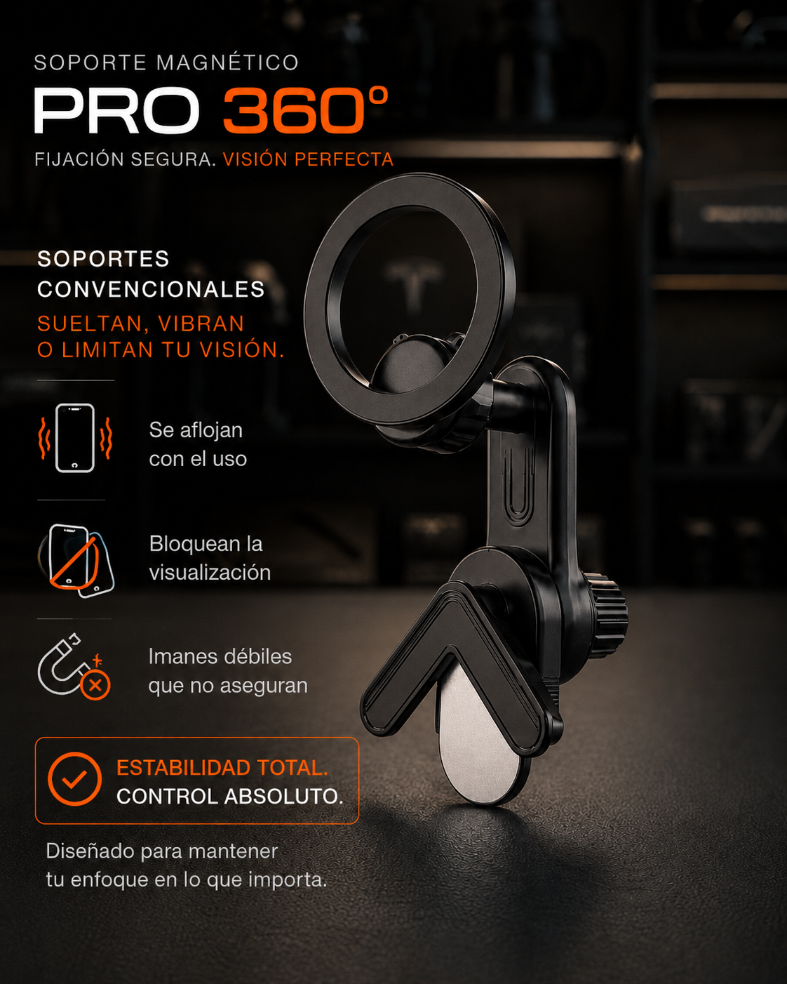 Soporte magnético giratorio 360° para celular en carro (compatible con Tesla y MagSafe)