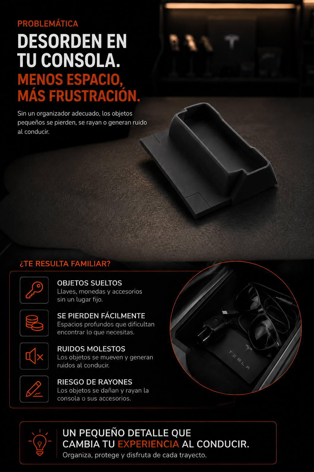 Organizador para consola central y apoyabrazos con soporte para gafas