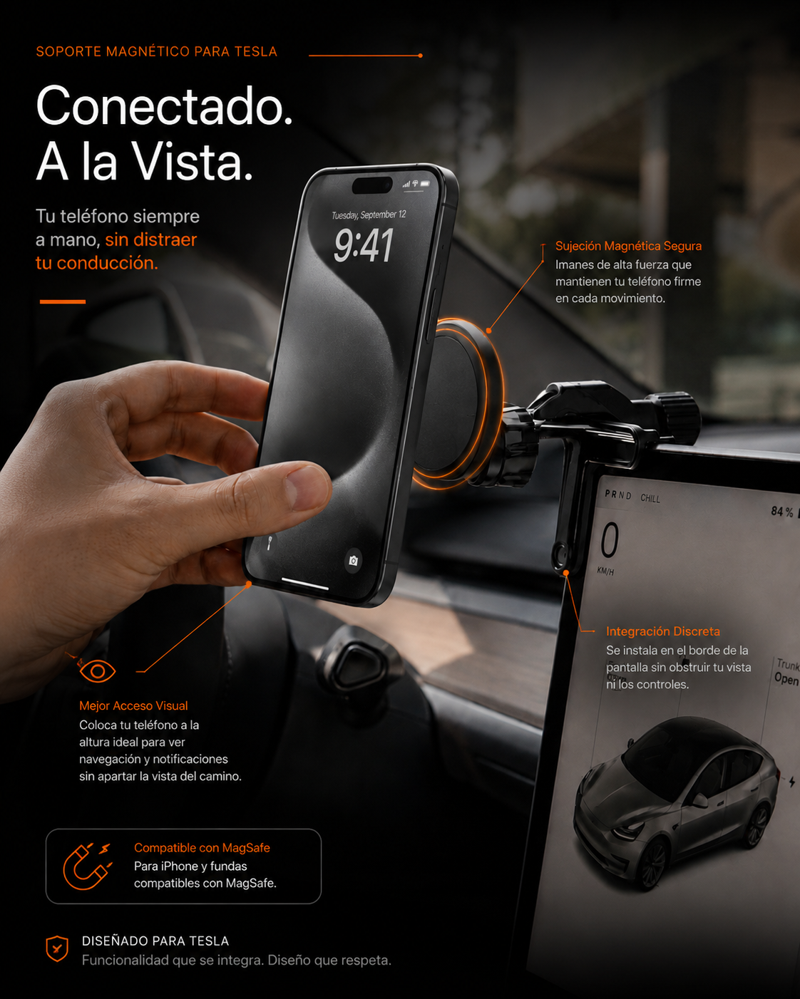 Soporte magnético giratorio 360° para celular en carro (compatible con Tesla y MagSafe)